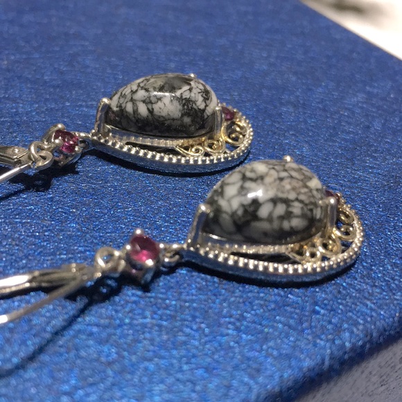 925 silver marked teardrop black agate amethyst hinged back pierced earrings new - Picture 17 of 17